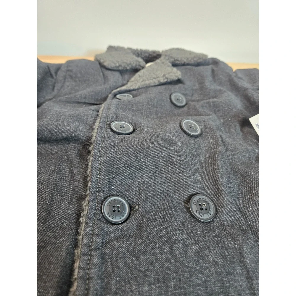 OshKosh Bgosh Boys Grey Double Breasted Pea Coat Faux Shearling Collar 4T NEW